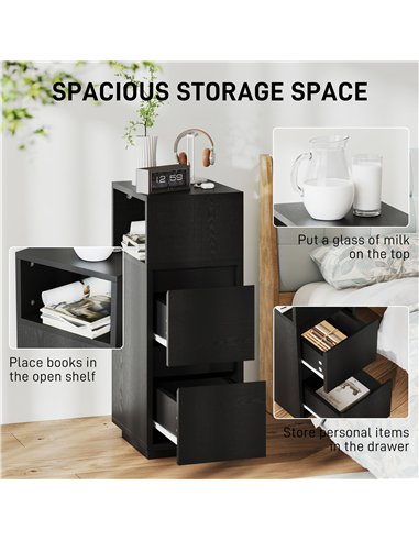 HOMCOM Slim Bedside Table, Narrow Bedside Cabinet with Open Shelf and 2 Drawers for Bedroom, Living Room, Black