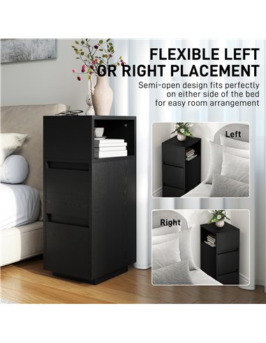HOMCOM Slim Bedside Table, Narrow Bedside Cabinet with Open Shelf and 2 Drawers for Bedroom, Living Room, Black