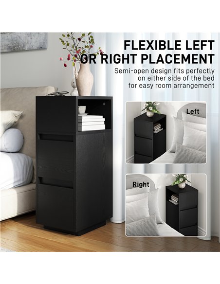 HOMCOM Slim Bedside Table, Narrow Bedside Cabinet with Open Shelf and 2 Drawers for Bedroom, Living Room, Black