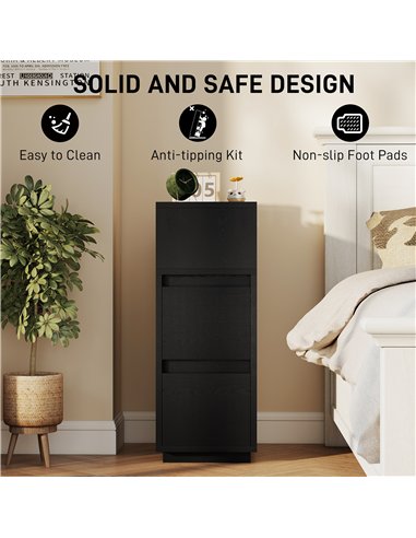 HOMCOM Slim Bedside Table, Narrow Bedside Cabinet with Open Shelf and 2 Drawers for Bedroom, Living Room, Black