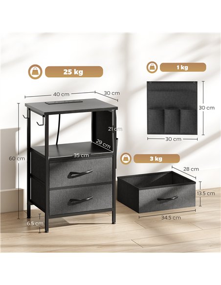 HOMCOM Bedside Table with Charging Station - Black