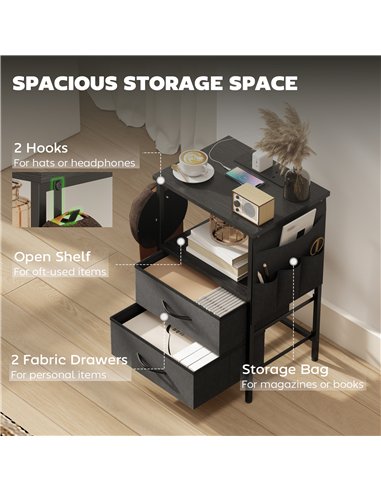 HOMCOM Bedside Table with Charging Station - Black