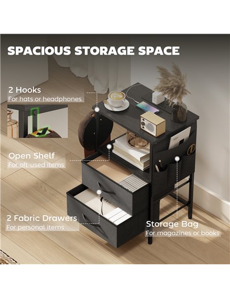 HOMCOM Bedside Table with Charging Station - Black