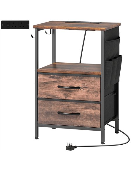 HOMCOM Bedside Table with Charging Station - Rustic Brown