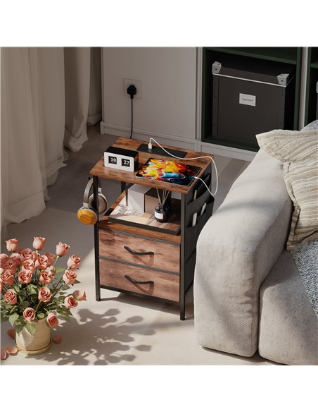HOMCOM Bedside Table with Charging Station - Rustic Brown