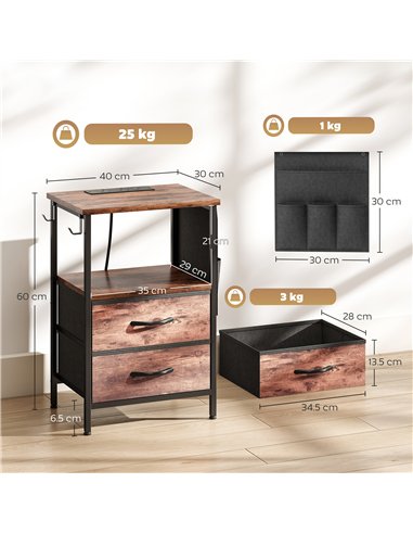 HOMCOM Bedside Table with Charging Station - Rustic Brown