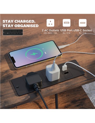 HOMCOM Bedside Table with Charging Station - Rustic Brown