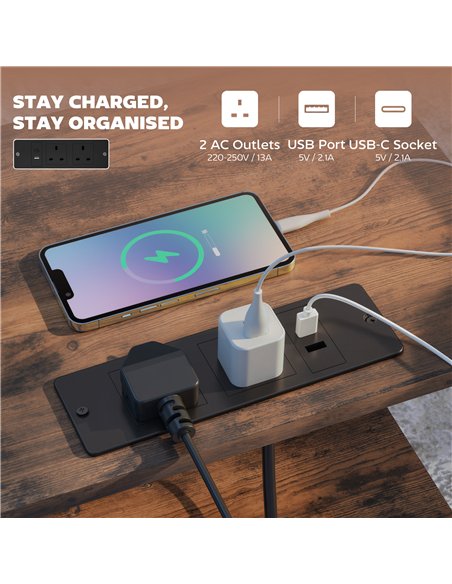 HOMCOM Bedside Table with Charging Station - Rustic Brown