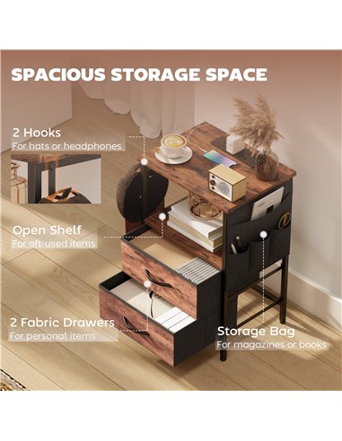 HOMCOM Bedside Table with Charging Station - Rustic Brown