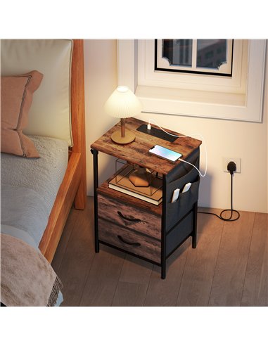 HOMCOM Bedside Table with Charging Station - Rustic Brown