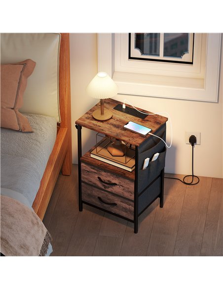HOMCOM Bedside Table with Charging Station - Rustic Brown