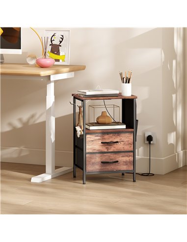 HOMCOM Bedside Table with Charging Station - Rustic Brown