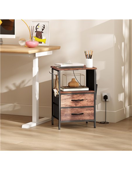 HOMCOM Bedside Table with Charging Station - Rustic Brown