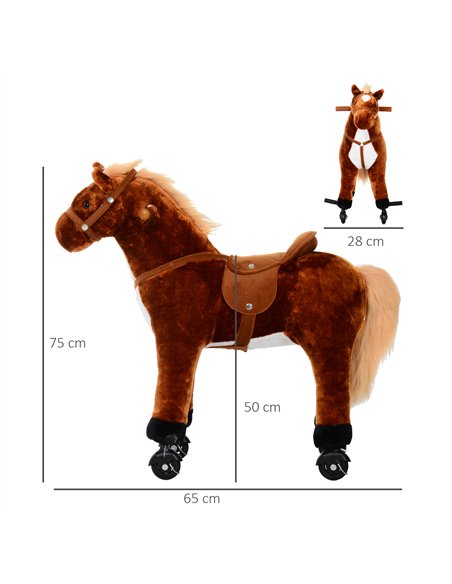 HOMCOM Plush Walking Horse Ride On Toy with Wheels and Realistic Sounds Rocking Horse for Girls Boys 2+ Years Old, 50cm Tall, Br
