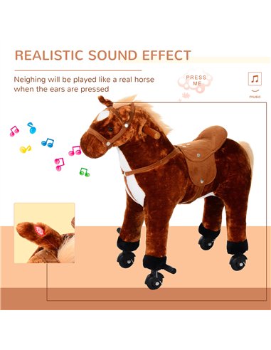 HOMCOM Plush Walking Horse Ride On Toy with Wheels and Realistic Sounds Rocking Horse for Girls Boys 2+ Years Old, 50cm Tall, Br
