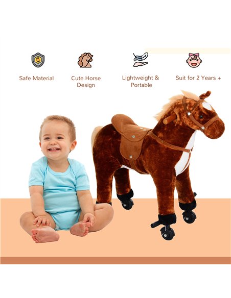 HOMCOM Plush Walking Horse Ride On Toy with Wheels and Realistic Sounds Rocking Horse for Girls Boys 2+ Years Old, 50cm Tall, Br