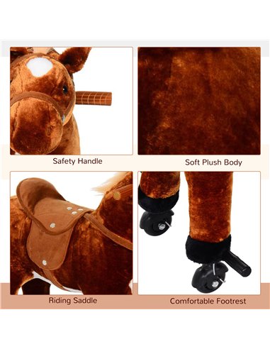 HOMCOM Plush Walking Horse Ride On Toy with Wheels and Realistic Sounds Rocking Horse for Girls Boys 2+ Years Old, 50cm Tall, Br
