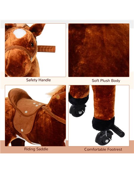 HOMCOM Plush Walking Horse Ride On Toy with Wheels and Realistic Sounds Rocking Horse for Girls Boys 2+ Years Old, 50cm Tall, Br