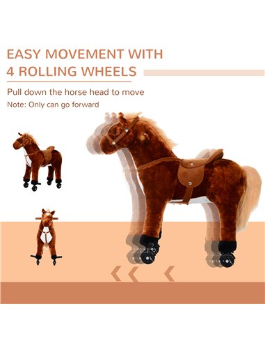 HOMCOM Plush Walking Horse Ride On Toy with Wheels and Realistic Sounds Rocking Horse for Girls Boys 2+ Years Old, 50cm Tall, Br