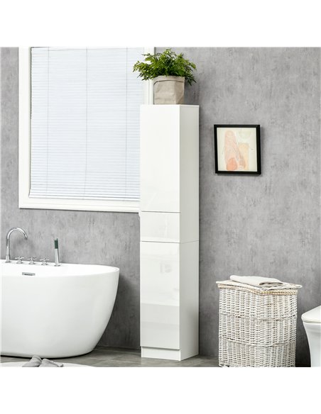 kleankin Luxury Tall Bathroom Cabinet with High Gloss Panel, Sleek White Bathroom Cabinet with Push-to-Open Door, White