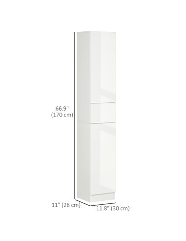 kleankin Luxury Tall Bathroom Cabinet with High Gloss Panel, Sleek White Bathroom Cabinet with Push-to-Open Door, White