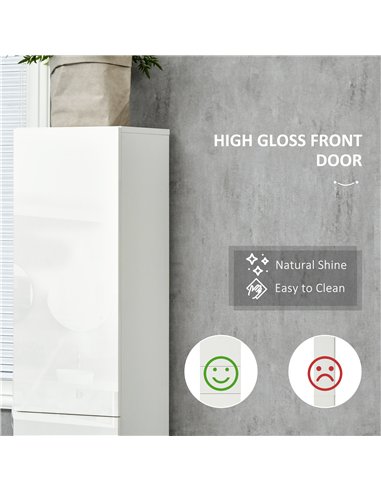 kleankin Luxury Tall Bathroom Cabinet with High Gloss Panel, Sleek White Bathroom Cabinet with Push-to-Open Door, White