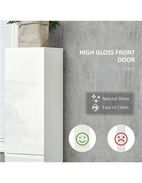 kleankin Luxury Tall Bathroom Cabinet with High Gloss Panel, Sleek White Bathroom Cabinet with Push-to-Open Door, White