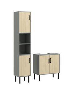 kleankin Bathroom Furniture Set with Doors, Tall Bathroom Cabinet with Adjustable Shelves, Under Sink Cabinet, Grey