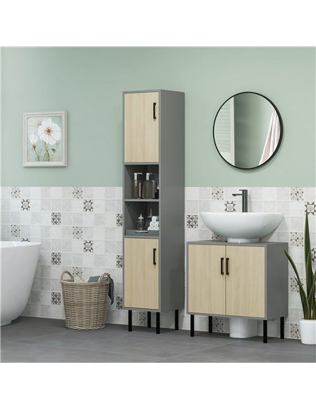 kleankin Bathroom Furniture Set with Doors, Tall Bathroom Cabinet with Adjustable Shelves, Under Sink Cabinet, Grey