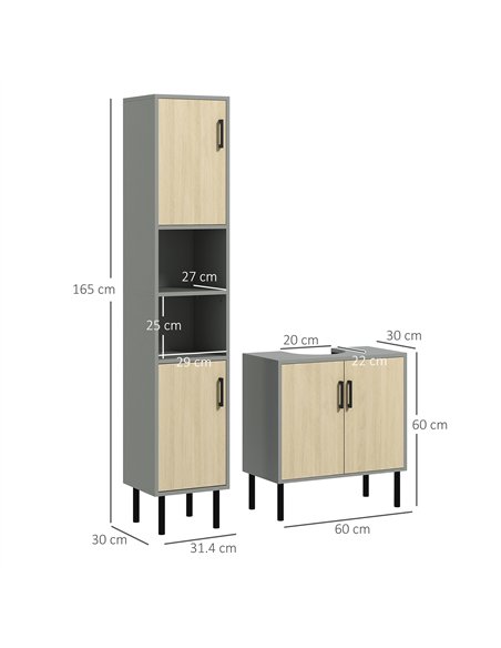 kleankin Bathroom Furniture Set with Doors, Tall Bathroom Cabinet with Adjustable Shelves, Under Sink Cabinet, Grey
