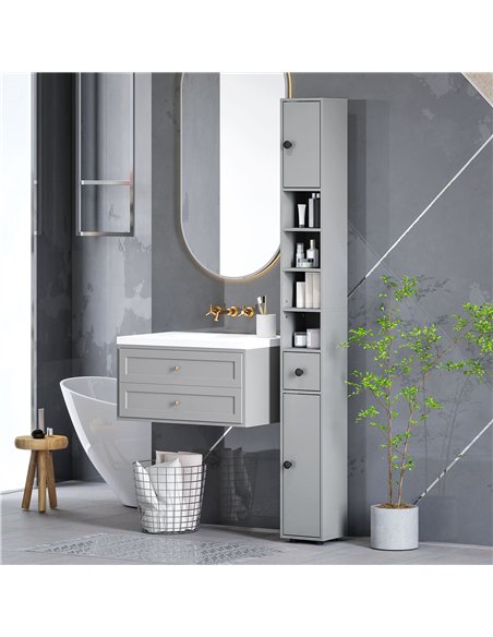 kleankin 180cm Slim Bathroom Cabinet, with Drawer, Shelves and Cupboards - Grey