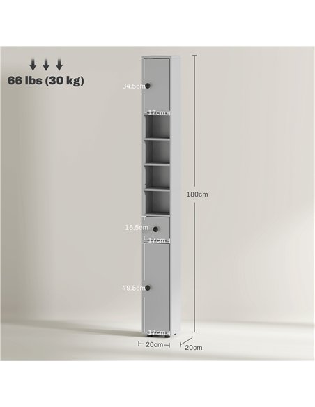 kleankin 180cm Slim Bathroom Cabinet, with Drawer, Shelves and Cupboards - Grey