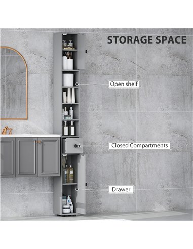 kleankin 180cm Slim Bathroom Cabinet, with Drawer, Shelves and Cupboards - Grey
