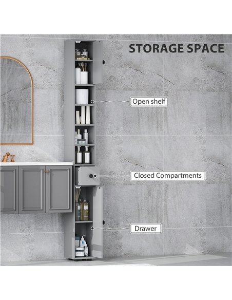 kleankin 180cm Slim Bathroom Cabinet, with Drawer, Shelves and Cupboards - Grey