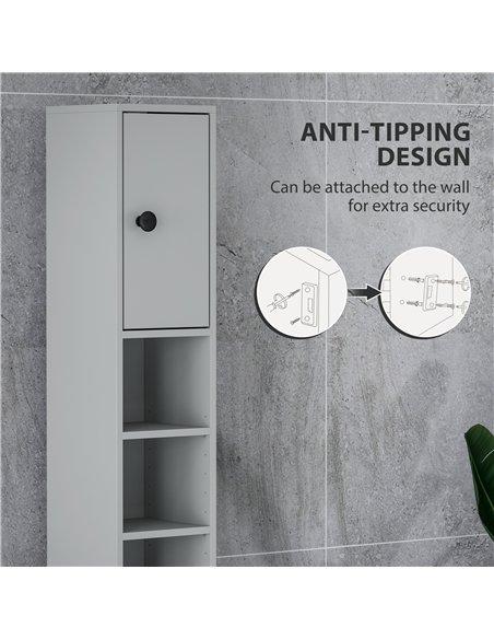 kleankin 180cm Slim Bathroom Cabinet, with Drawer, Shelves and Cupboards - Grey