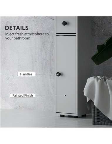 kleankin 180cm Slim Bathroom Cabinet, with Drawer, Shelves and Cupboards - Grey