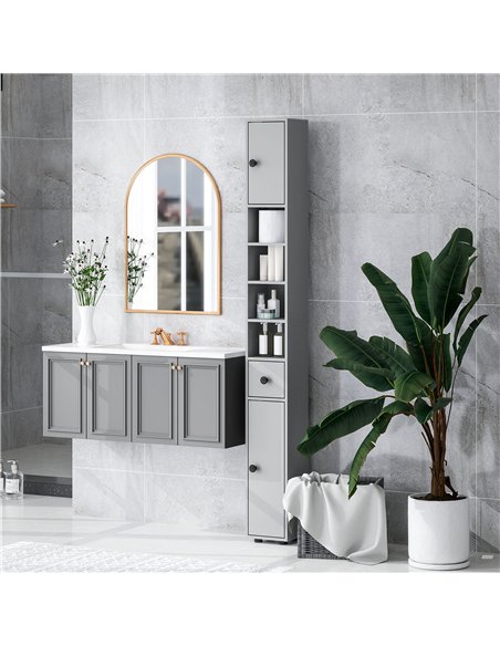kleankin 180cm Slim Bathroom Cabinet, with Drawer, Shelves and Cupboards - Grey