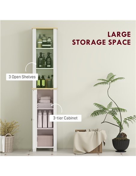 kleankin Slim Bathroom Storage Unit with Open Compartment, Bathroom Storage Cabinet with Adjustable Shelf, 34 x 23 x 165 cm, Whi