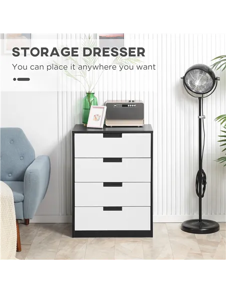HOMCOM Drawer Chest, 4-Drawer Storage Cabinet Organiser for Bedroom, Living Room, 60cmx40cmx80cm, White and Black