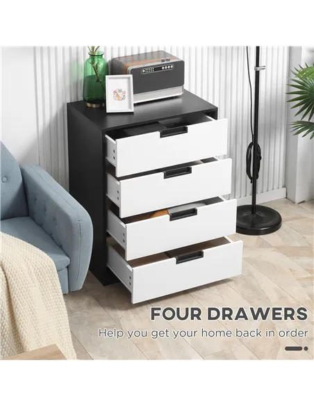 HOMCOM Drawer Chest, 4-Drawer Storage Cabinet Organiser for Bedroom, Living Room, 60cmx40cmx80cm, White and Black