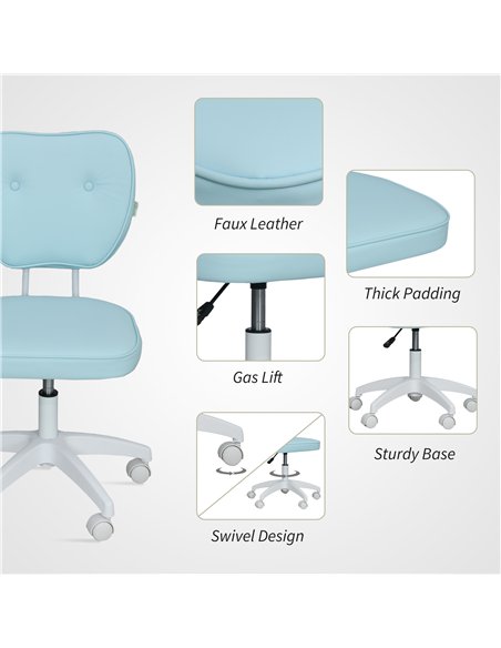 Vinsetto Vanity Office Chair, PU Leather Computer Chair for Home, with Adjustable Height, Armless, Swivel Wheels, Blue