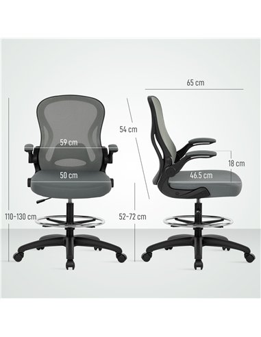 Vinsetto Drafting Chair, Ergonomic Tall Office Chair with Flip-up Armrests, Mesh Back, Lumbar Support, Adjustable Height and Foo