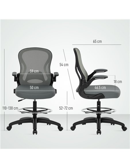 Vinsetto Drafting Chair, Ergonomic Tall Office Chair with Flip-up Armrests, Mesh Back, Lumbar Support, Adjustable Height and Foo