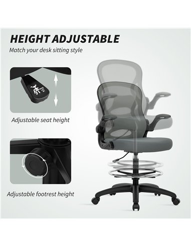 Vinsetto Drafting Chair, Ergonomic Tall Office Chair with Flip-up Armrests, Mesh Back, Lumbar Support, Adjustable Height and Foo