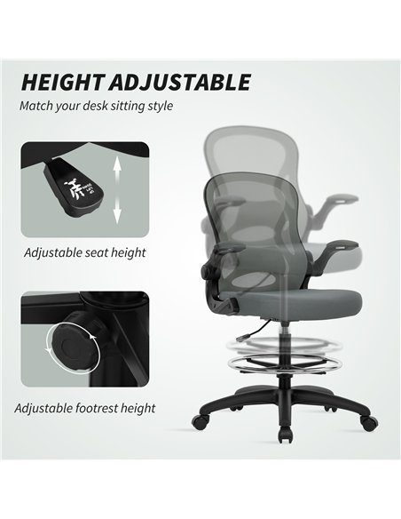 Vinsetto Drafting Chair, Ergonomic Tall Office Chair with Flip-up Armrests, Mesh Back, Lumbar Support, Adjustable Height and Foo