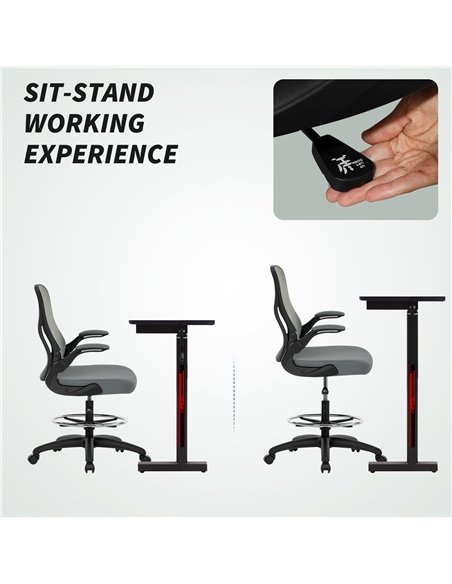 Vinsetto Drafting Chair, Ergonomic Tall Office Chair with Flip-up Armrests, Mesh Back, Lumbar Support, Adjustable Height and Foo