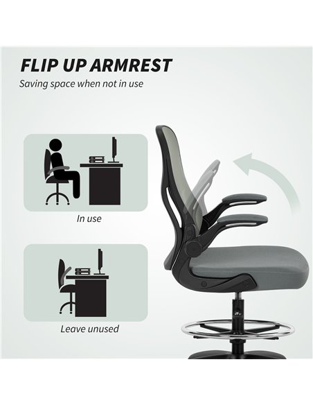 Vinsetto Drafting Chair, Ergonomic Tall Office Chair with Flip-up Armrests, Mesh Back, Lumbar Support, Adjustable Height and Foo