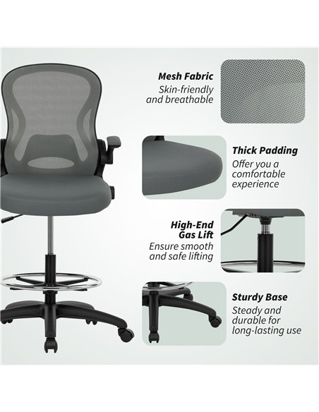 Vinsetto Drafting Chair, Ergonomic Tall Office Chair with Flip-up Armrests, Mesh Back, Lumbar Support, Adjustable Height and Foo