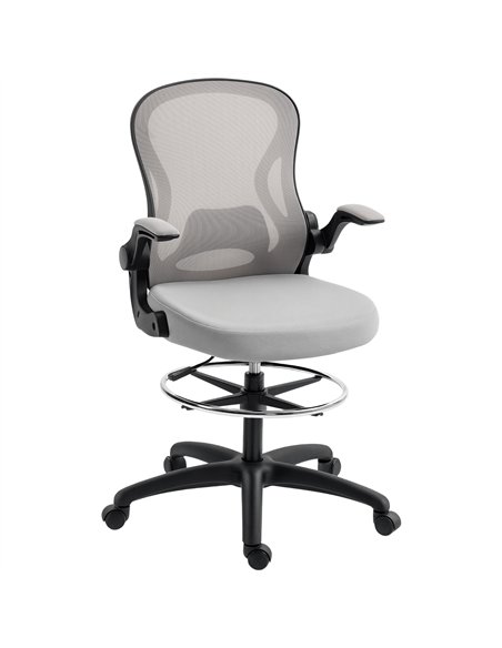 Vinsetto Adjustable Mesh Standing Desk Chair with Flip-up Armrests Lumbar Support Armrests Adjustable Footrest Ring Grey
