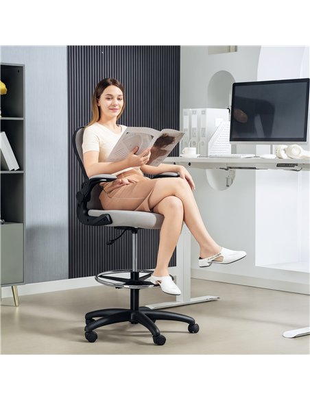 Vinsetto Adjustable Mesh Standing Desk Chair with Flip-up Armrests Lumbar Support Armrests Adjustable Footrest Ring Grey
